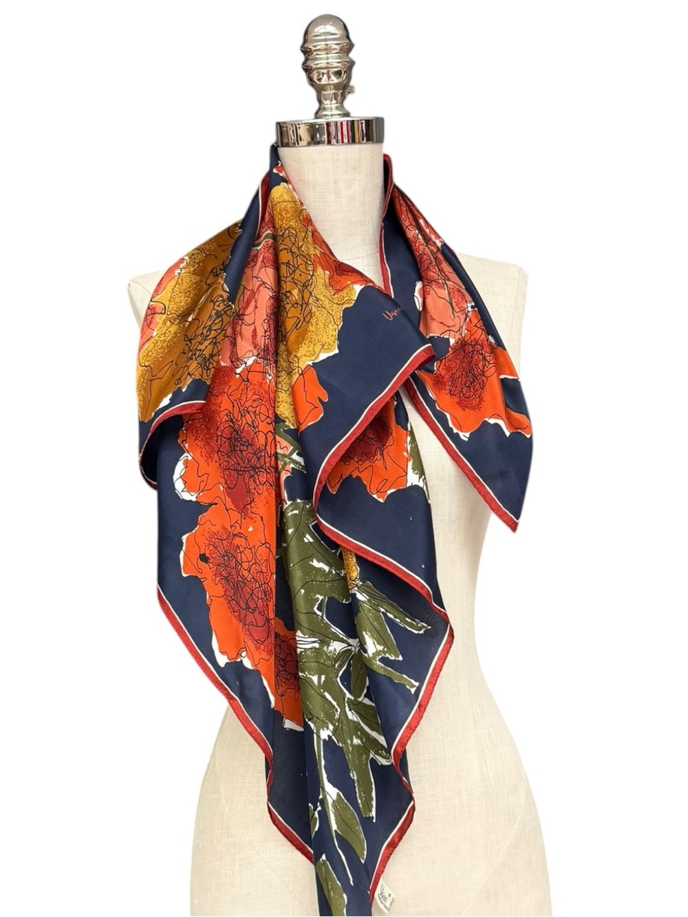 Vera Neumann Floral Silk Scarf Navy Red Mod Flower 60s Scarf Retro Fall